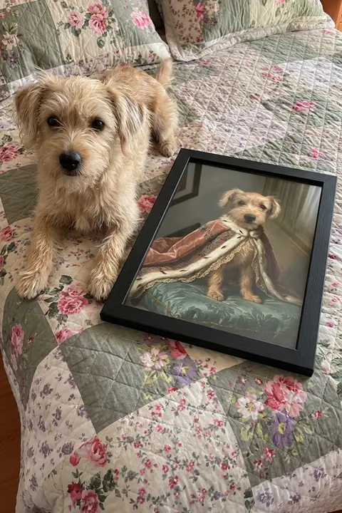 Perrito terrier junto a su retrato clásico enmarcado sobre la cama