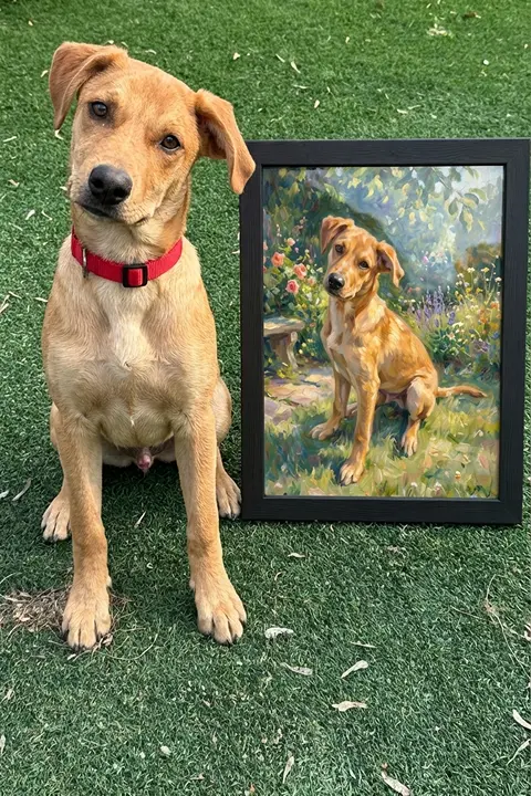 Perro dorado con collar rojo sentado en el pasto junto a su retrato impresionista enmarcado