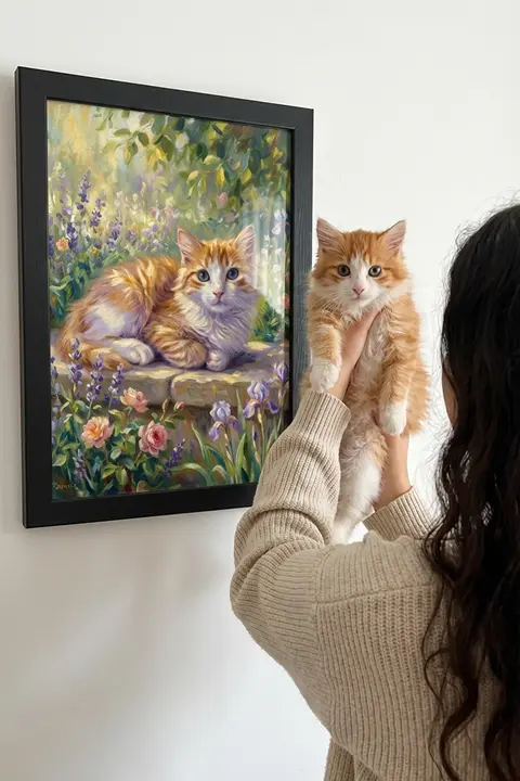 Mujer sosteniendo su gato naranja frente a retrato impresionista del gato colgado en la pared